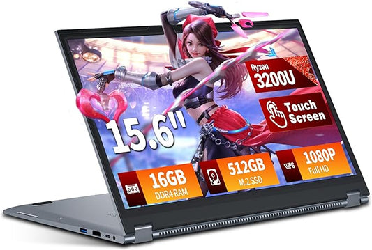 2 en 1 Écran Tactile 15,6 Pouces Ordinateur Portable Ryzen R3-3200U (jusqu'à 3,5 GHz) PC Portable 16Go