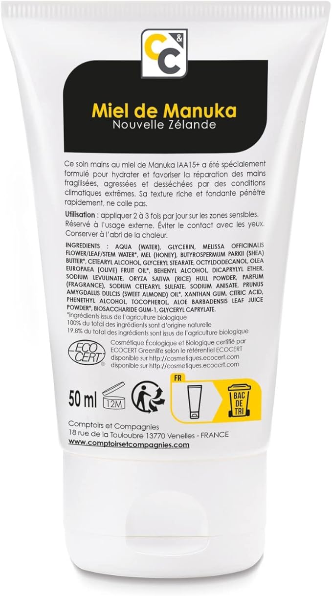 COMPTOIRS ET COMPAGNIES - Soin Mains Réparation Extrême au Miel de Manuka IAA15+ - Nourrit et Hydrate - Certifié Bio - 50ml