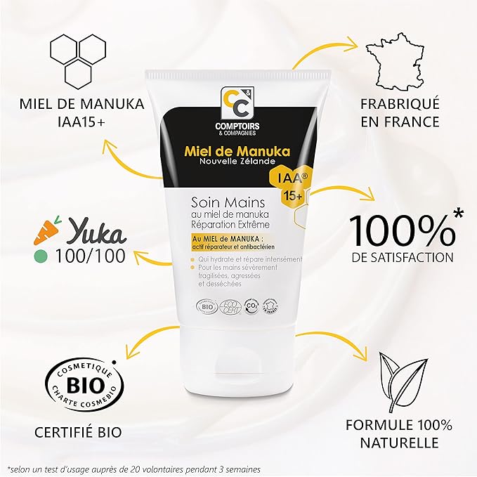 COMPTOIRS ET COMPAGNIES - Soin Mains Réparation Extrême au Miel de Manuka IAA15+ - Nourrit et Hydrate - Certifié Bio - 50ml