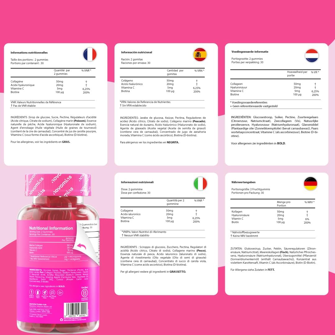 Collagene Marin et Acide Hyaluronique - Gummies de Collagène avec Vitamine C &amp; Biotine