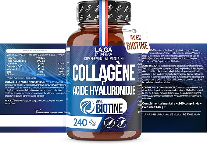 Collagene et Acide Hyaluronique avec Biotine. 240 comprimés à haute dose pour Cheveux, Peau, Ongles