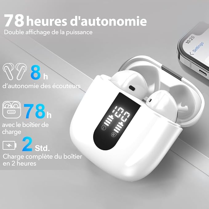 Ecouteurs Bluetooth sans Fil, Écouteurs sans Fil Bluetooth 5.4, 6 Micro ENC Anti Bruit, Basses Puissantes, 60H