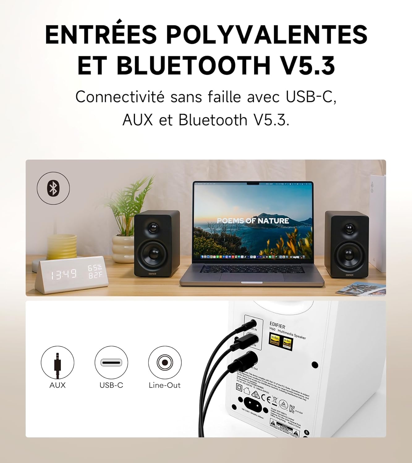 Edifier M60 2.0 Haut-parleurs Bibliothèque, Bluetooth 5.3, 66W RMS