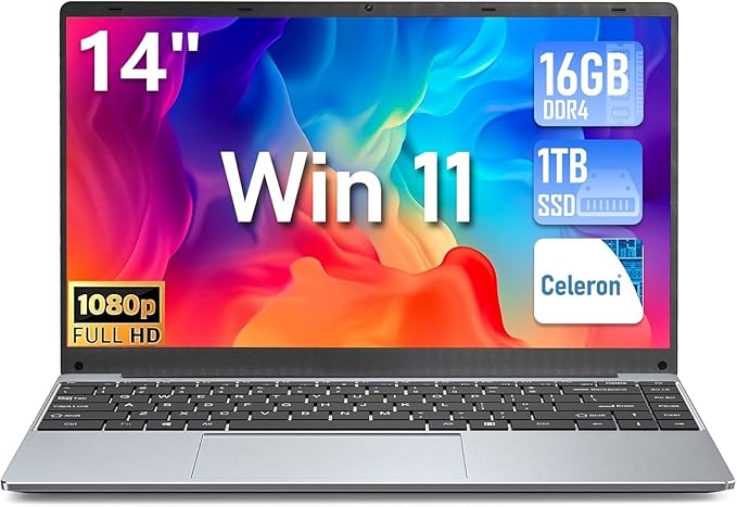 FUNYET Ordinateur Portable 14 Pouces Win 11 Pro 16Go RAM 1To SSD Celeron N5095