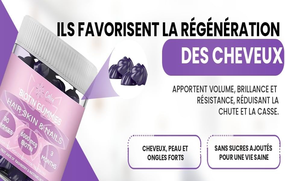 Gommes Biotine 6000 mcg | Cheveux, Peau &amp; Ongles | 90 Gummies | 3 Mois | Avec Collagène