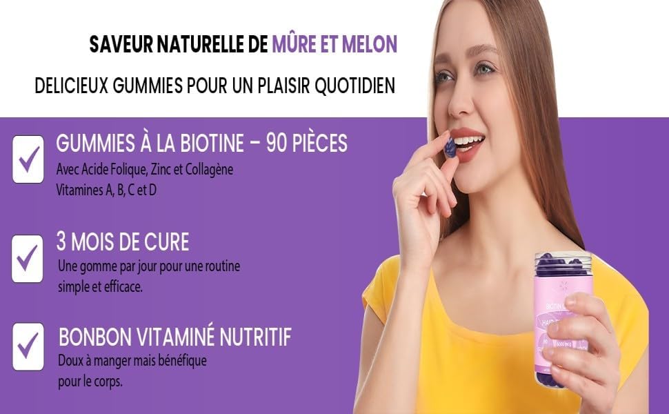 Gommes Biotine 6000 mcg | Cheveux, Peau &amp; Ongles | 90 Gummies | 3 Mois | Avec Collagène