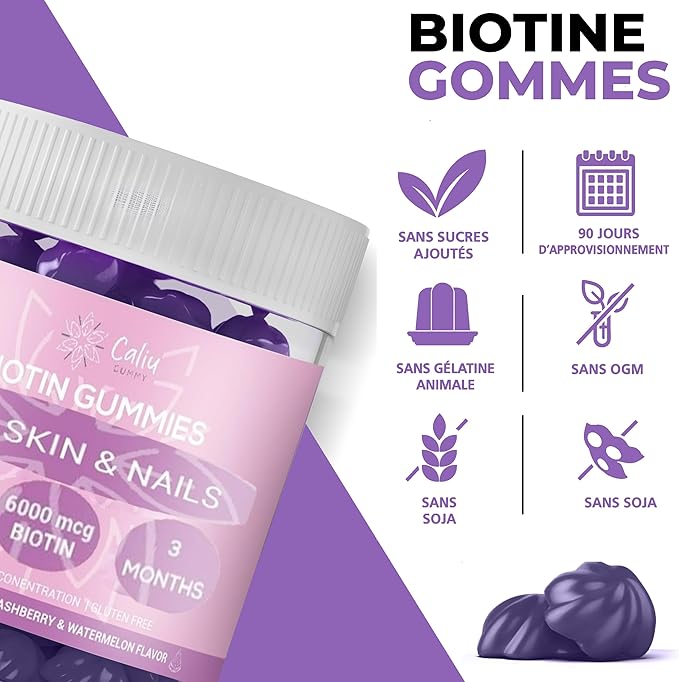 Gommes Biotine 6000 mcg | Cheveux, Peau &amp; Ongles | 90 Gummies | 3 Mois | Avec Collagène