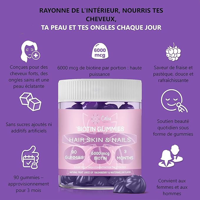 Gommes Biotine 6000 mcg | Cheveux, Peau &amp; Ongles | 90 Gummies | 3 Mois | Avec Collagène