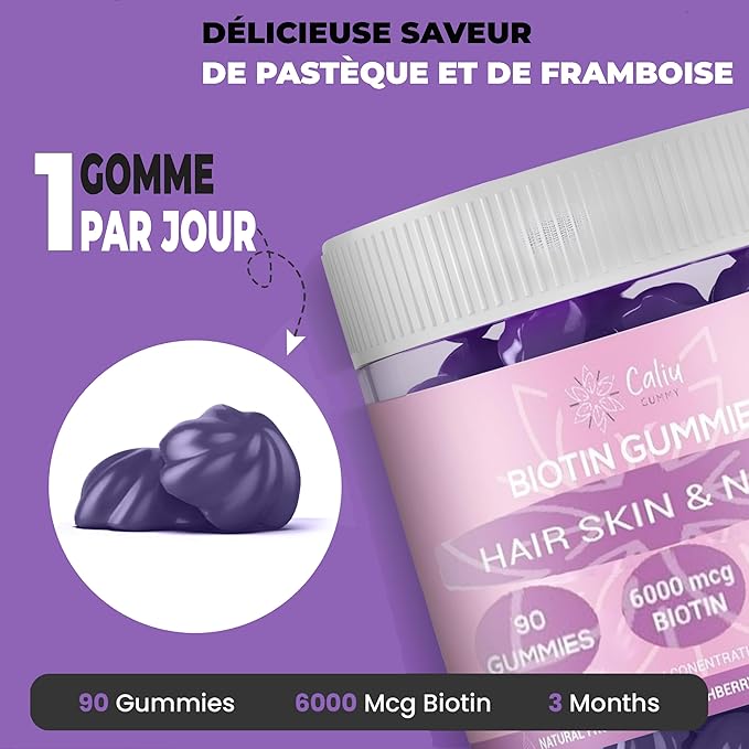 Gommes Biotine 6000 mcg | Cheveux, Peau &amp; Ongles | 90 Gummies | 3 Mois | Avec Collagène