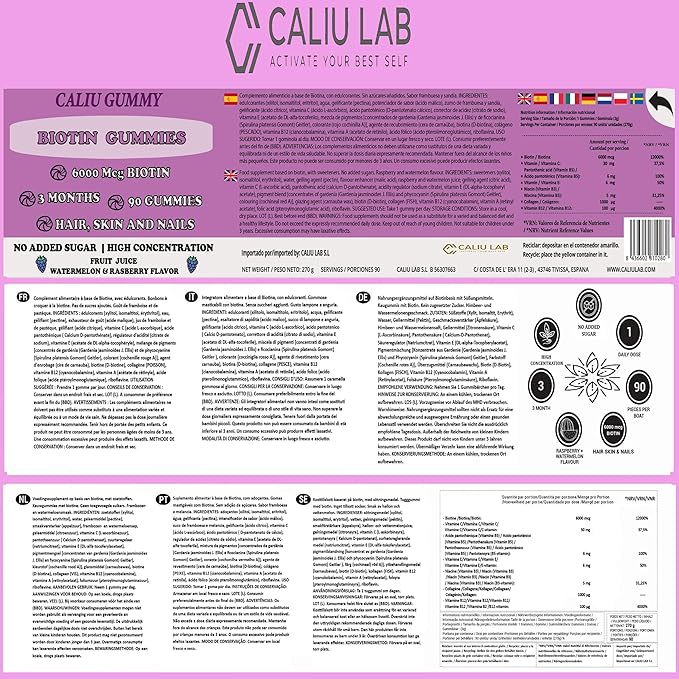 Gommes Biotine 6000 mcg | Cheveux, Peau &amp; Ongles | 90 Gummies | 3 Mois | Avec Collagène