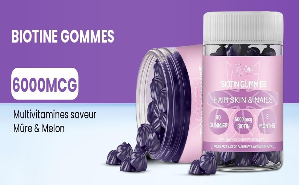 Gommes Biotine 6000 mcg | Cheveux, Peau &amp; Ongles | 90 Gummies | 3 Mois | Avec Collagène