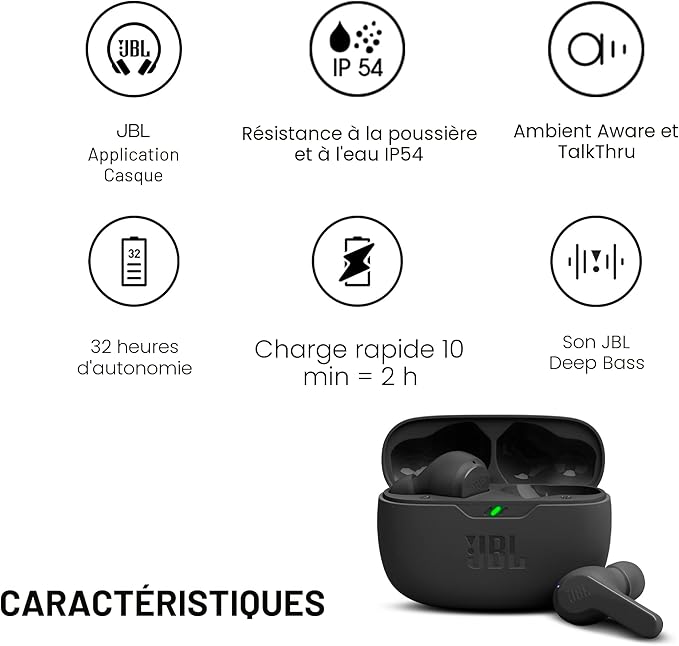 JBL Wave Beam, Écouteurs Intra-Auriculaires sans Fil, Résistance à l'Eau IP54 et IPX2