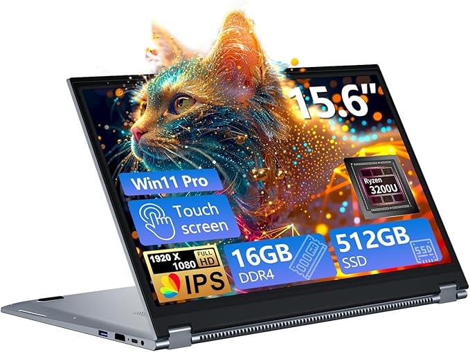 Ordinateur Portable 15,6 Pouces 2-en-1 - PC Portable Win 11, 16Go RAM 512Go SSD, Laptop avec Processeur Ryzen 3 3200U
