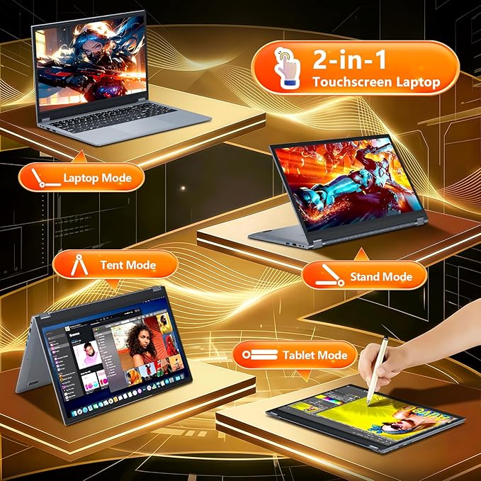 Ordinateur Portable 15,6 Pouces 2-en-1 - PC Portable Win 11, 16Go RAM 512Go SSD, Laptop avec Processeur Ryzen 3 3200U