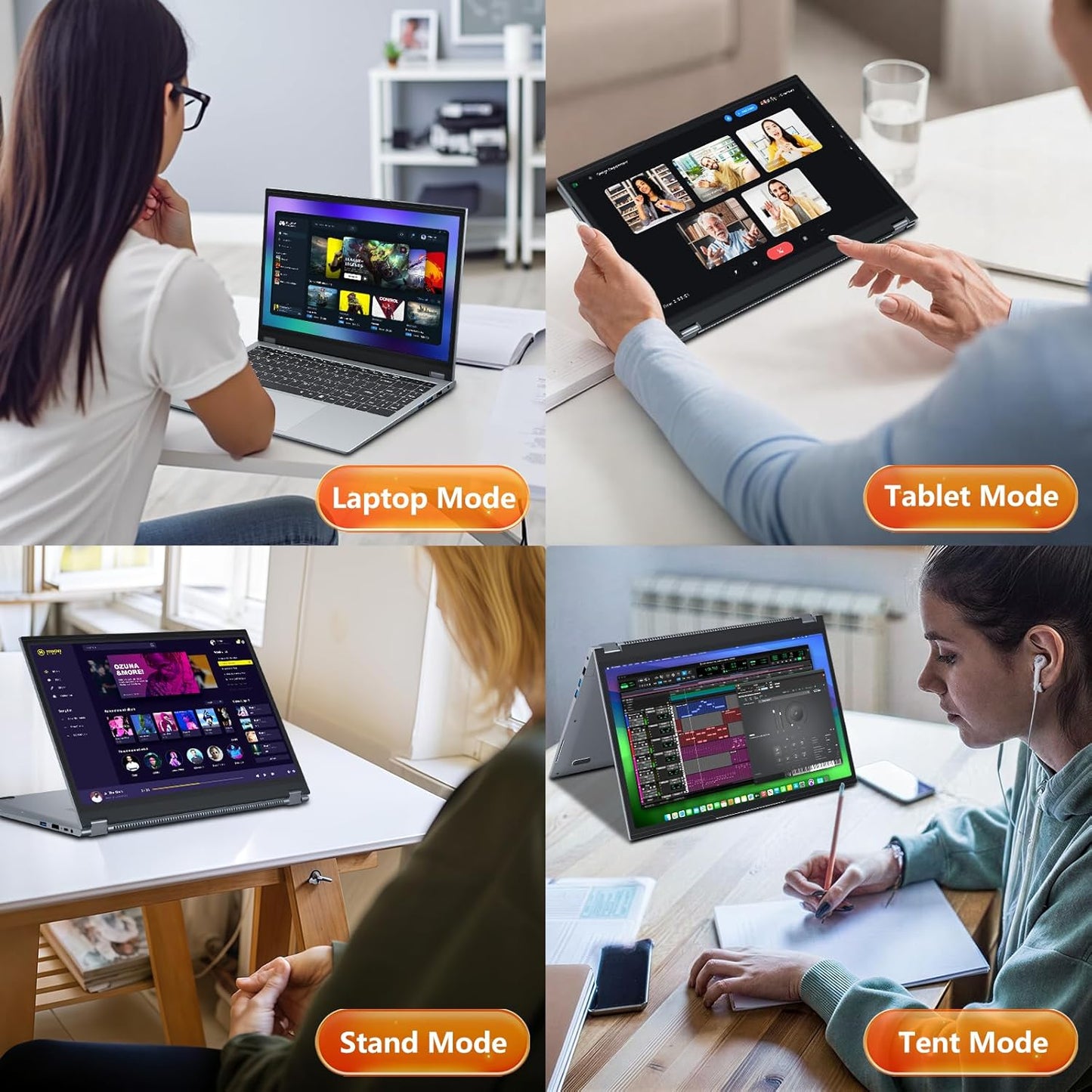 Ordinateur Portable 15,6 Pouces 2-en-1 - PC Portable Win 11, 16Go RAM 512Go SSD, Laptop avec Processeur Ryzen 3 3200U