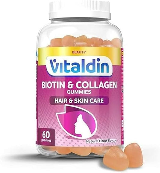 VITALDIN Biotine &amp; Collagène Gummies – Beauté Complément – 2.500 mcg Biotine, Vitamines C et E – 60 Gommes